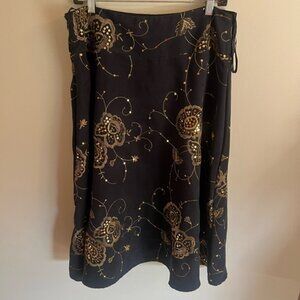 Richard Malcom Elegant Black A-Line Skirt with Gold Floral Design